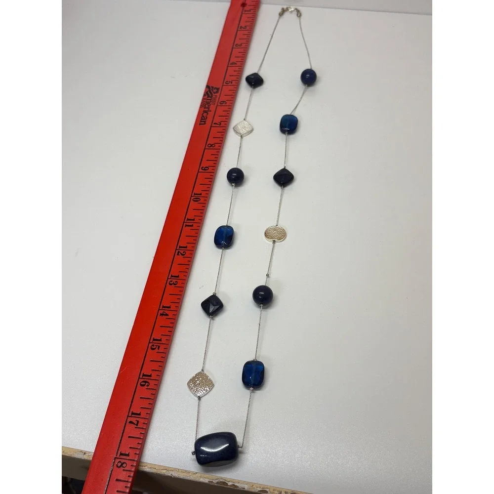 Navy Blue Geometric Station Necklace Hammered Silver Tone Long Chain
